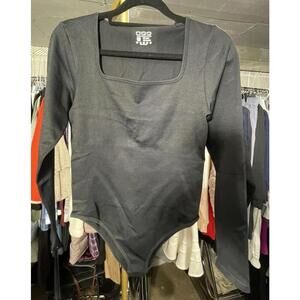 OQQ Women’s Bodysuits Sexy Ribbed Black 1/4 Zip Front Long Sleeve Size Medium M